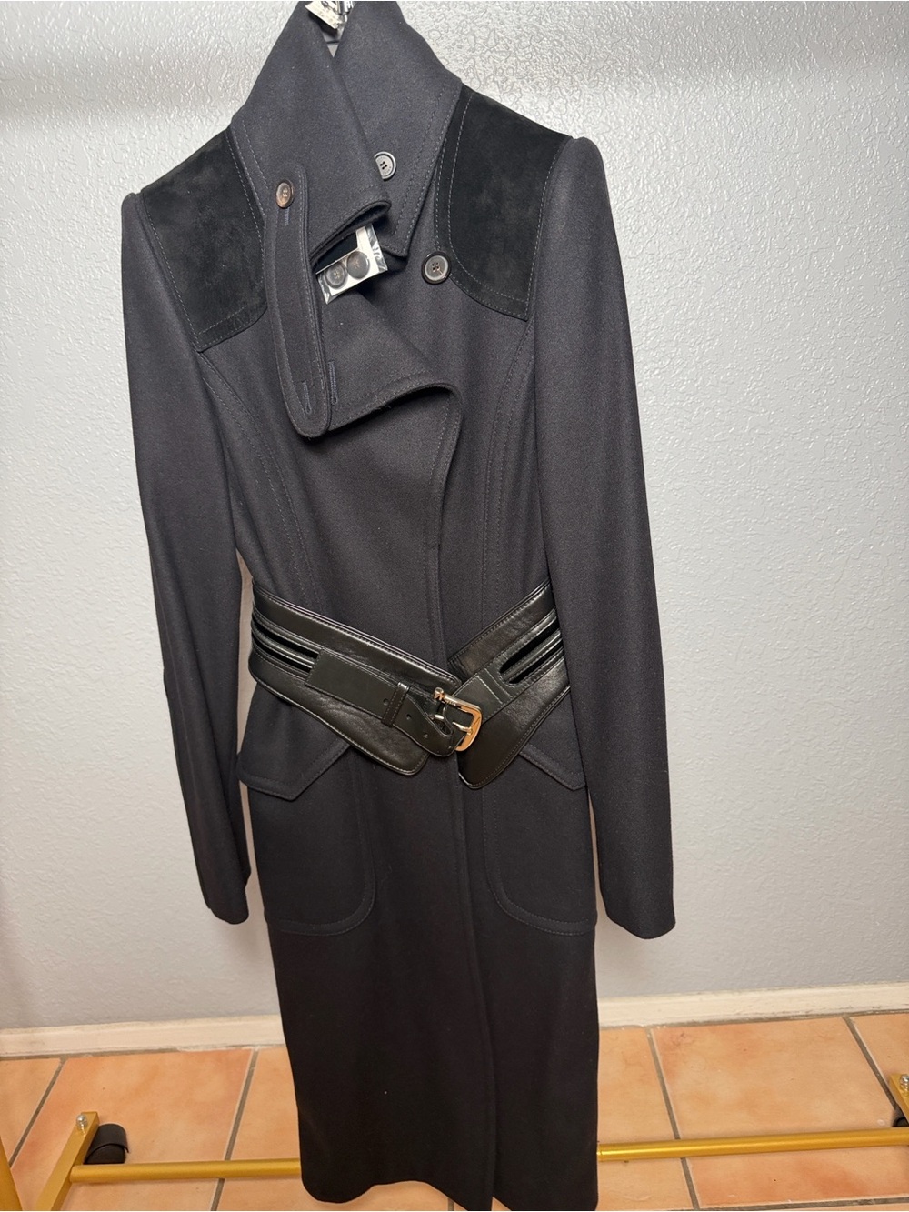 Gucci Black Long Wool Coat with Leather Belt